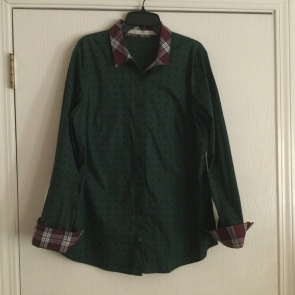 Gibson Button Down Polka Dot Blouse Contrast Plaid Collar and Cuffs SZ M - Picture 6 of 13